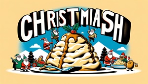 Cartoon christmash characters climbing a gravy covered, mashed potato mountain. The word Christmash looms in the background.